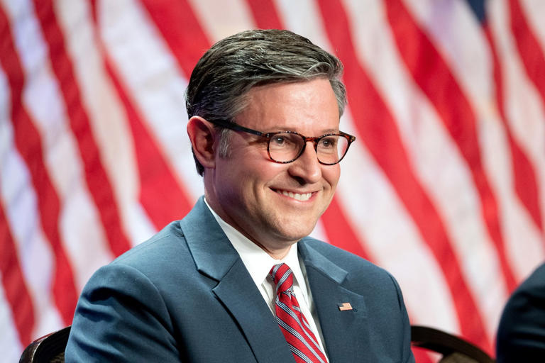 US Speaker of the House Mike Johnson speaks during a meeting with House Republicans and President-elect Donald Trump at the Hyatt Regency hotel in Washington, DC, U.S., on November 13, 2024. ALLISON ROBBERT/Pool via REUTERS